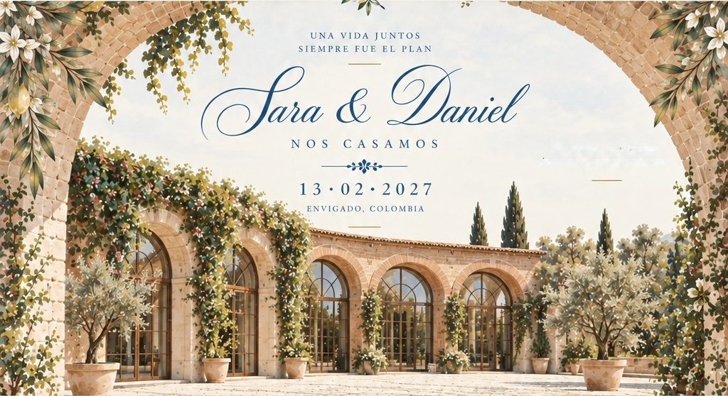 Sara & Daniel. Una vida juntos siempre fue el plan. Nos casamos el 13 de febrero de 2027 en Envigado, Colombia